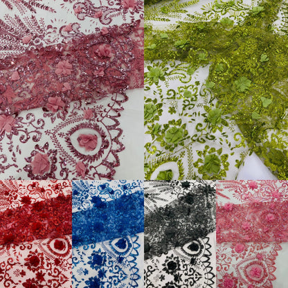Floral 3D Palm Damask with Glitter in a Mesh Lace| New Creations Fabric & Foam Inc.