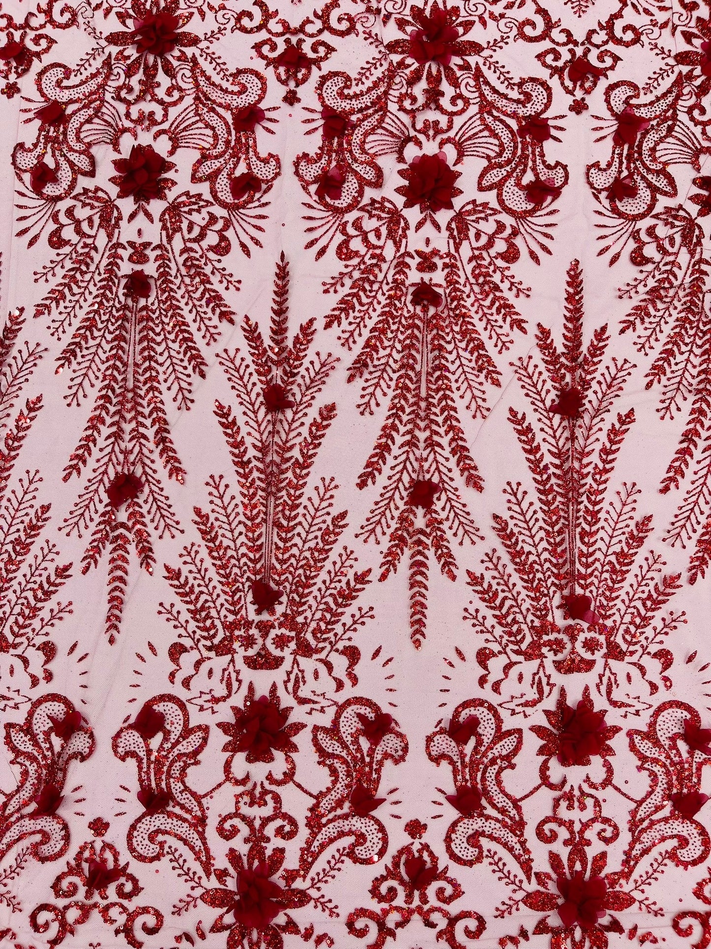 Floral 3D Palm Damask with Glitter in a Mesh Lace| New Creations Fabric & Foam Inc.