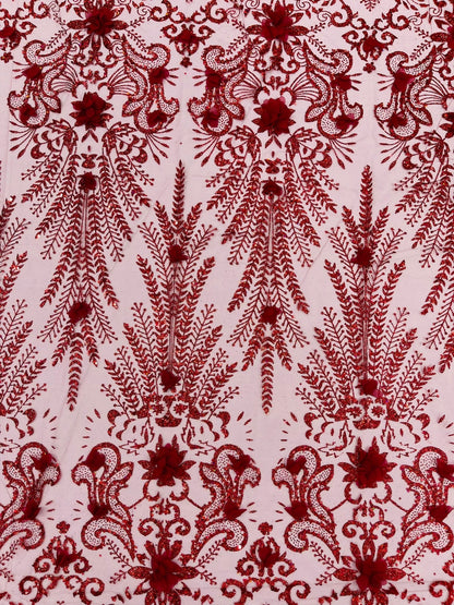 Floral 3D Palm Damask with Glitter in a Mesh Lace| New Creations Fabric & Foam Inc.