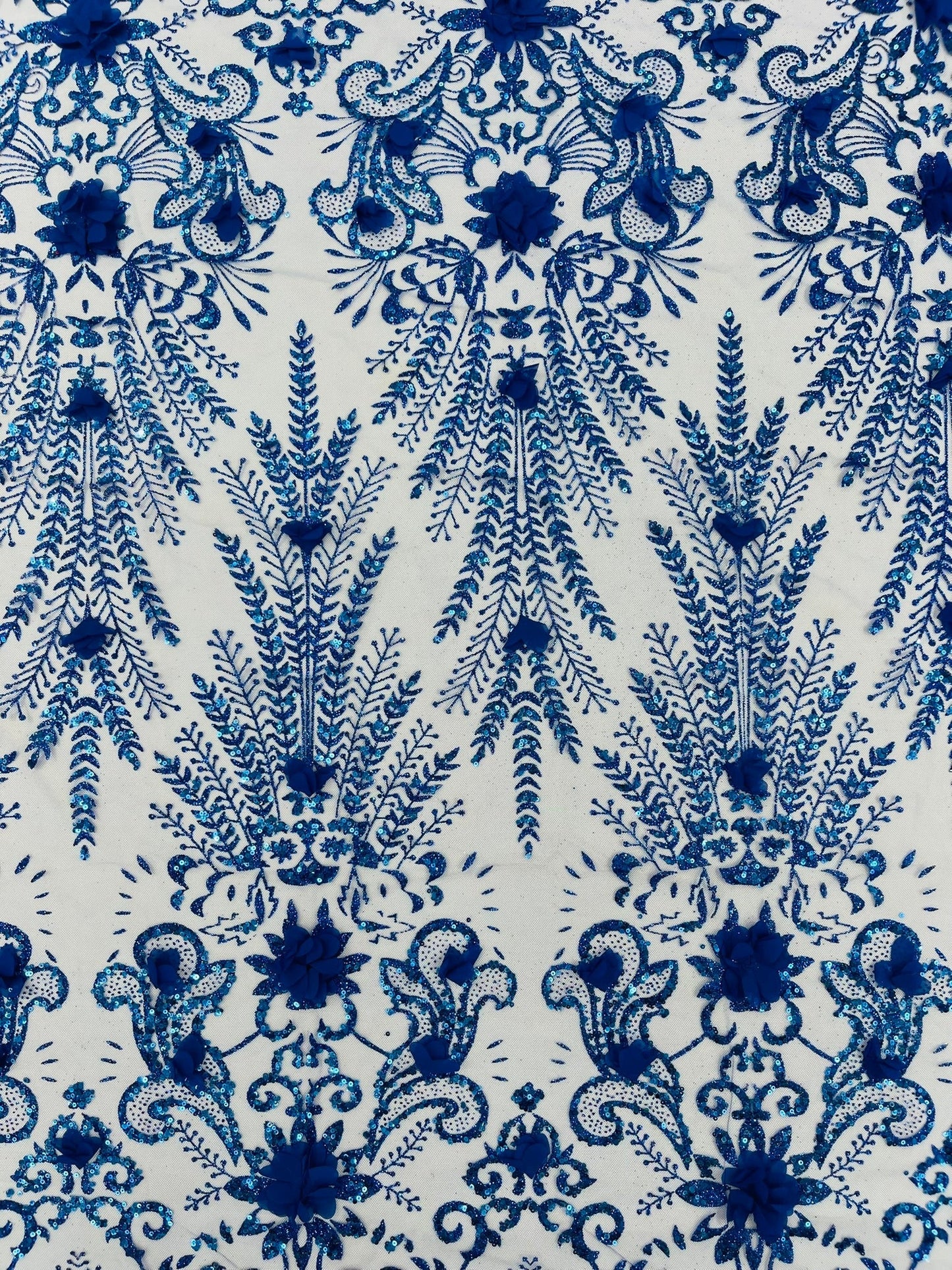 Floral 3D Palm Damask with Glitter in a Mesh Lace| New Creations Fabric & Foam Inc.