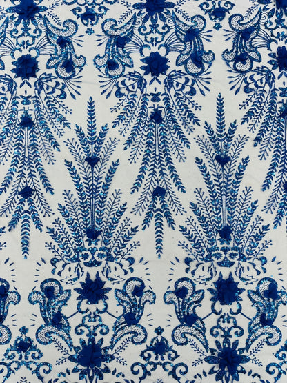 Floral 3D Palm Damask with Glitter in a Mesh Lace| New Creations Fabric & Foam Inc.