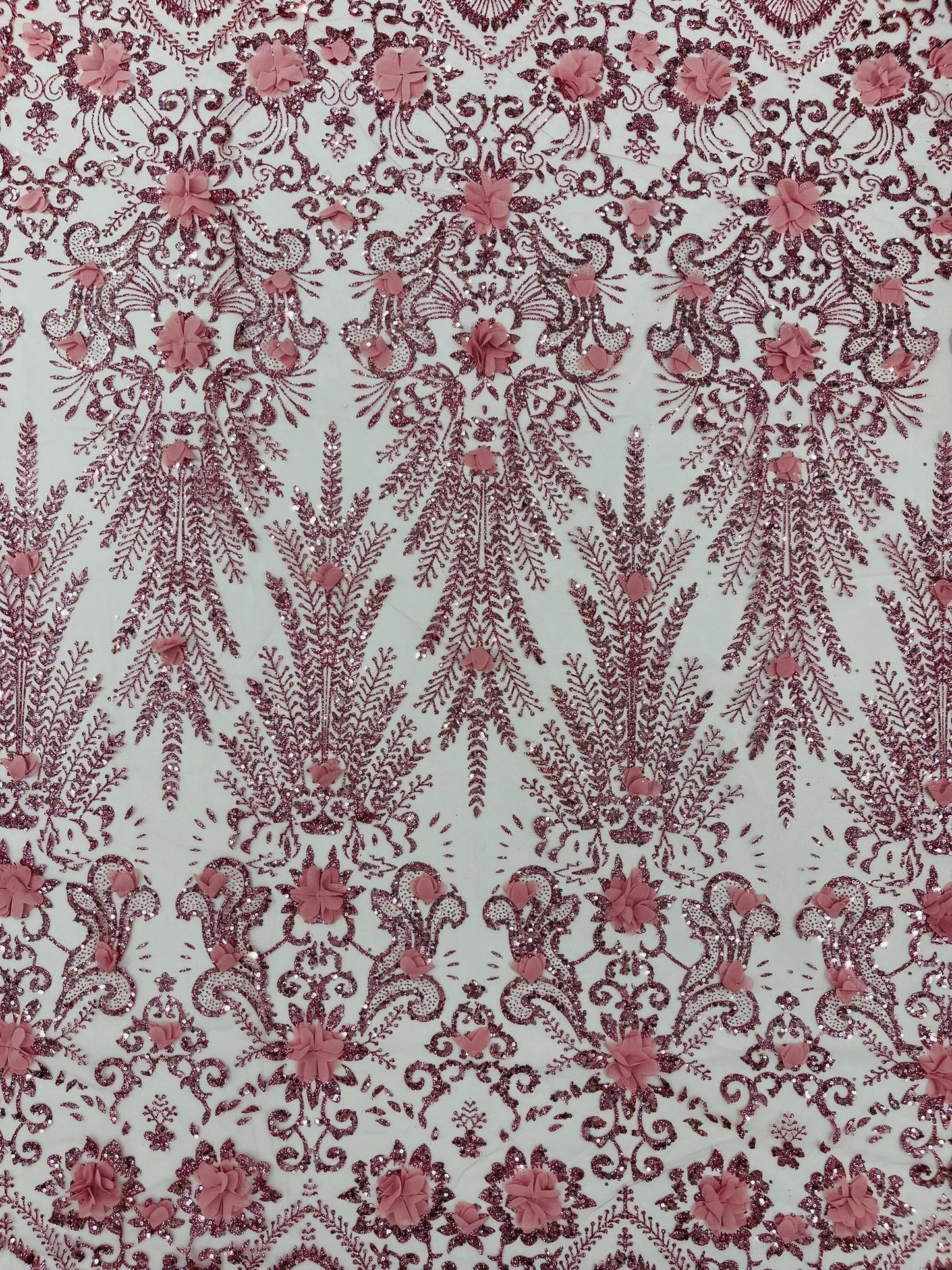 Floral 3D Palm Damask with Glitter in a Mesh Lace| New Creations Fabric & Foam Inc.
