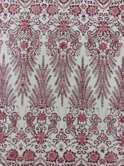 Floral 3D Palm Damask with Glitter in a Mesh Lace| New Creations Fabric & Foam Inc.