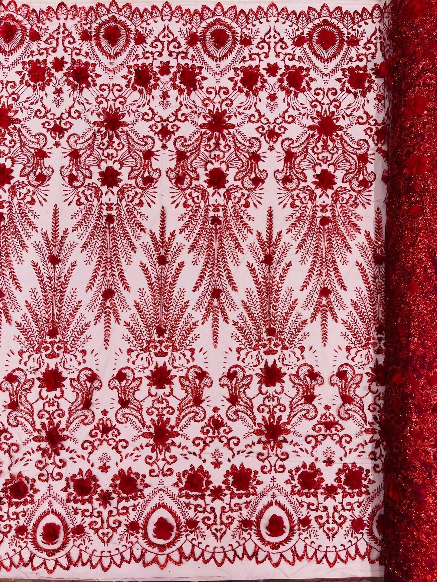 Floral 3D Palm Damask with Glitter in a Mesh Lace| New Creations Fabric & Foam Inc.