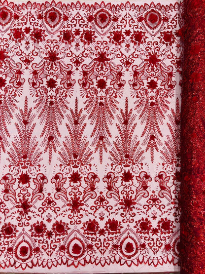 Floral 3D Palm Damask with Glitter in a Mesh Lace| New Creations Fabric & Foam Inc.