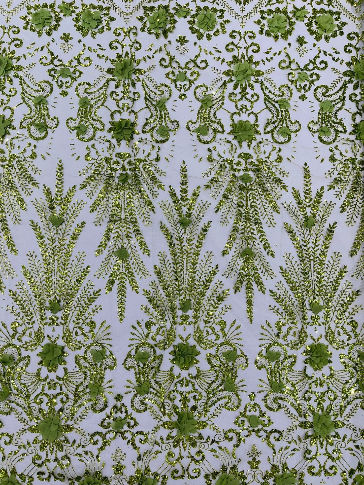 Floral 3D Palm Damask with Glitter in a Mesh Lace| New Creations Fabric & Foam Inc.