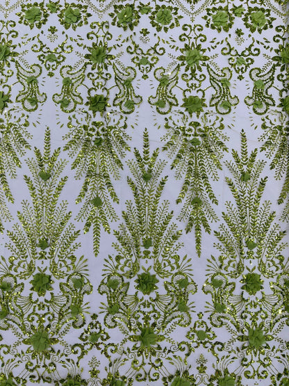 Floral 3D Palm Damask with Glitter in a Mesh Lace| New Creations Fabric & Foam Inc.
