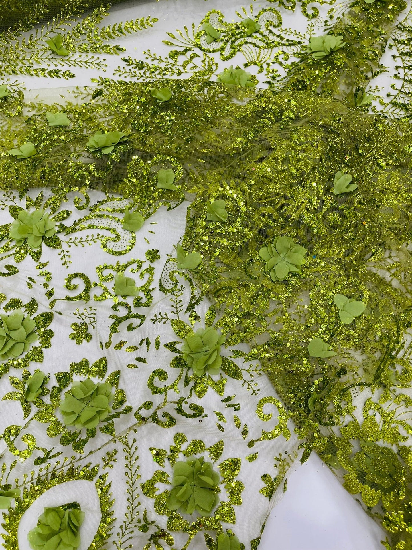 Floral 3D Palm Damask with Glitter in a Mesh Lace| New Creations Fabric & Foam Inc.