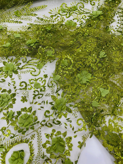 Floral 3D Palm Damask with Glitter in a Mesh Lace| New Creations Fabric & Foam Inc.