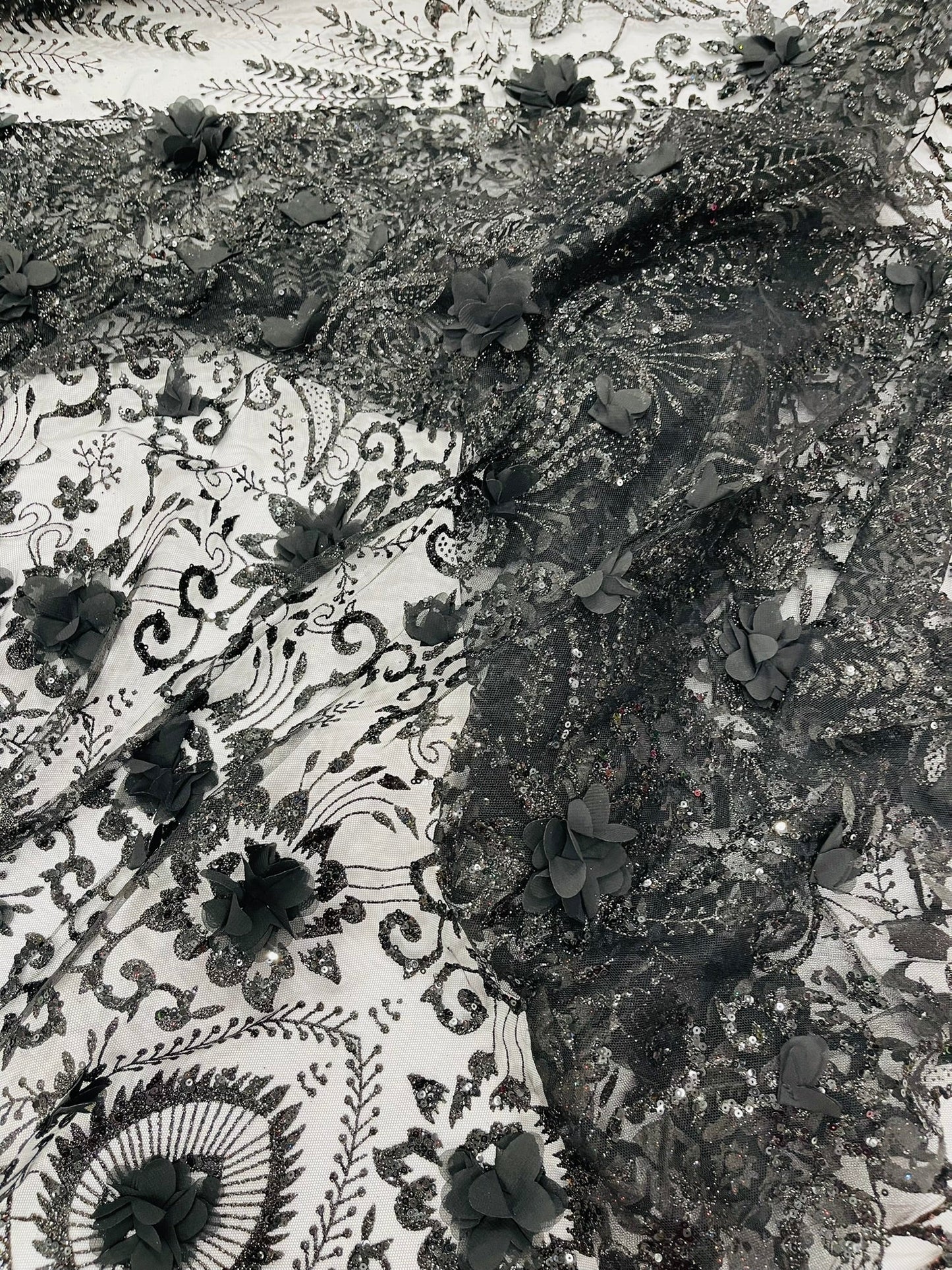 Floral 3D Palm Damask with Glitter in a Mesh Lace| New Creations Fabric & Foam Inc.