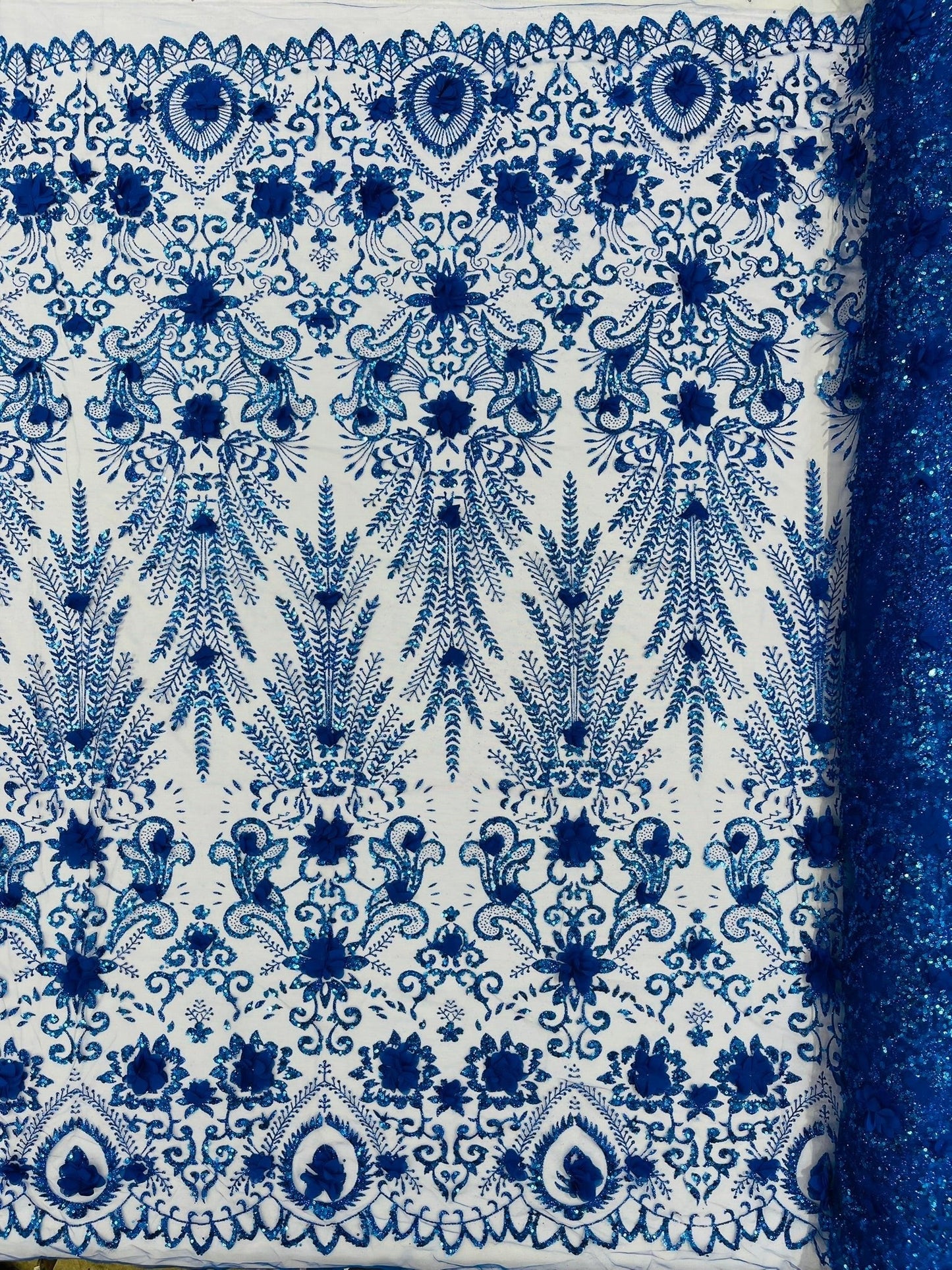 Floral 3D Palm Damask with Glitter in a Mesh Lace| New Creations Fabric & Foam Inc.
