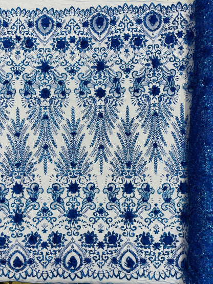 Floral 3D Palm Damask with Glitter in a Mesh Lace| New Creations Fabric & Foam Inc.