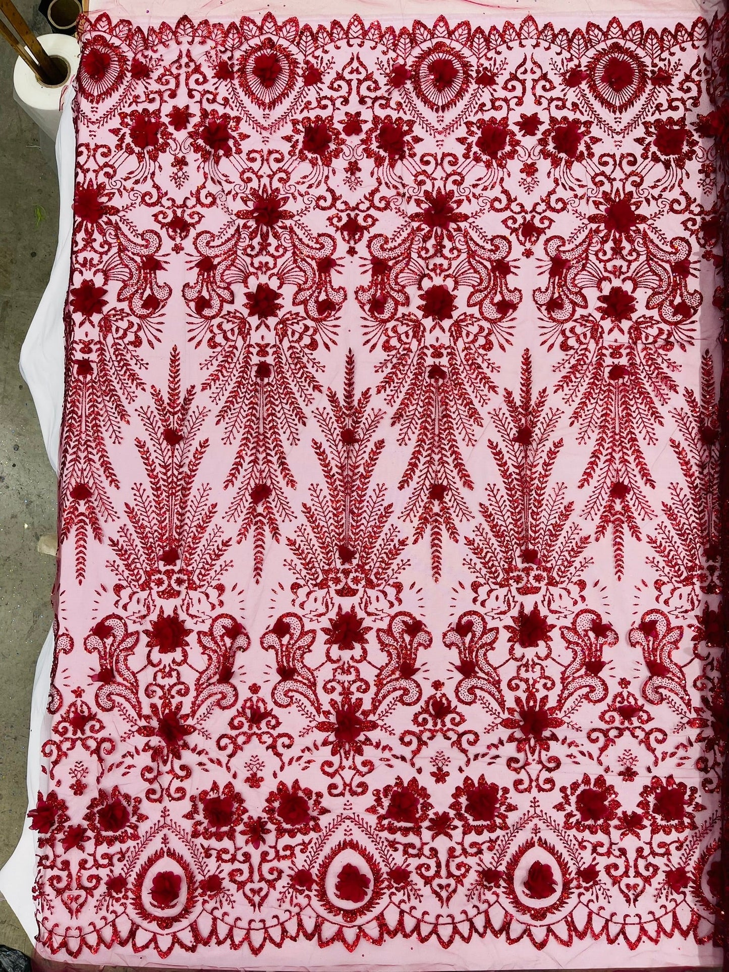 Floral 3D Palm Damask with Glitter in a Mesh Lace| New Creations Fabric & Foam Inc.