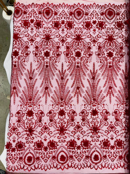Floral 3D Palm Damask with Glitter in a Mesh Lace| New Creations Fabric & Foam Inc.