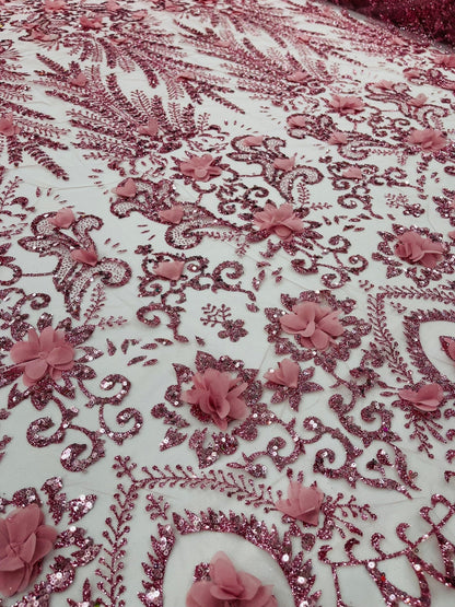 Floral 3D Palm Damask with Glitter in a Mesh Lace| New Creations Fabric & Foam Inc.