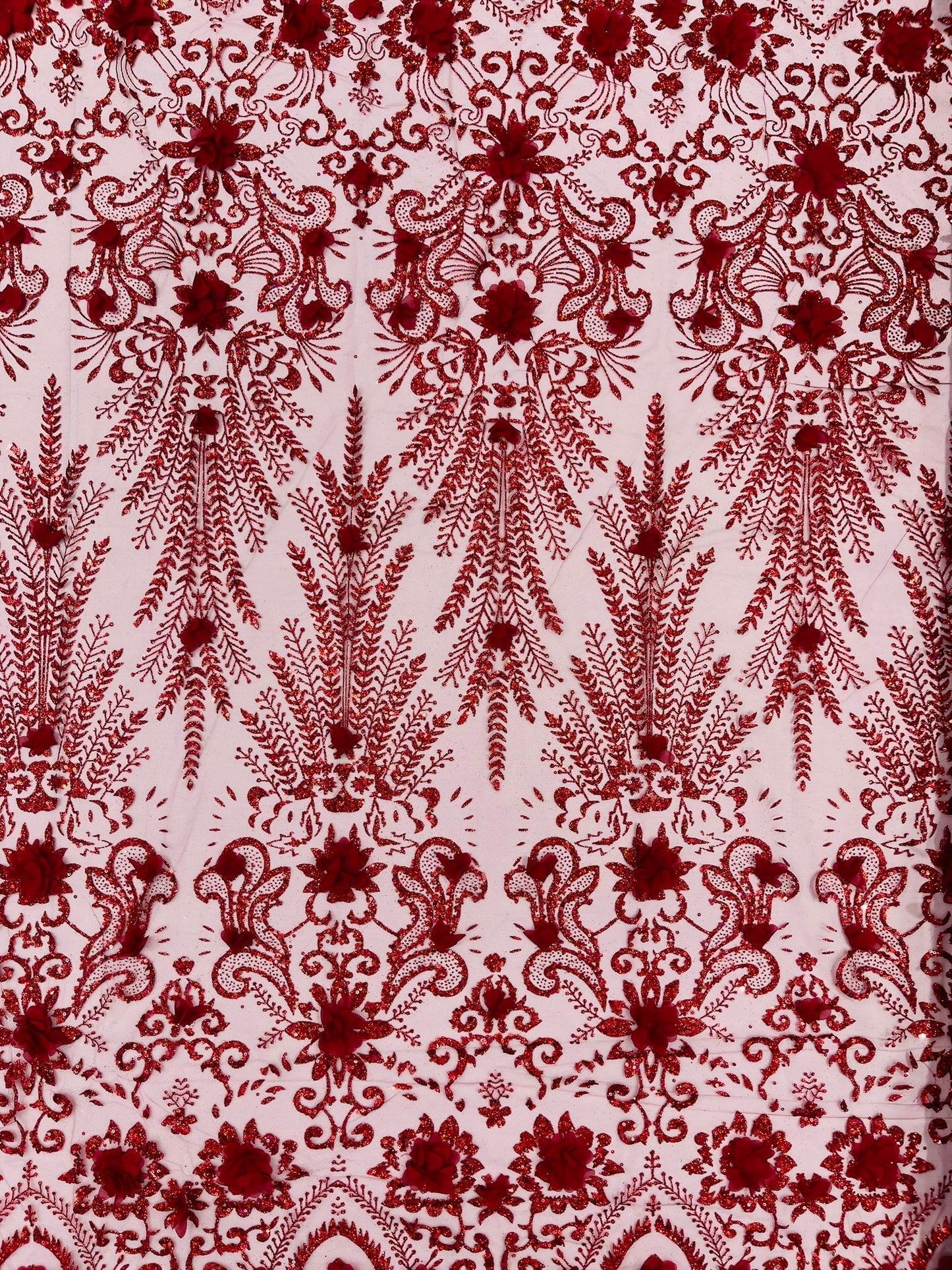 Floral 3D Palm Damask with Glitter in a Mesh Lace| New Creations Fabric & Foam Inc.