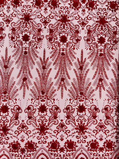 Floral 3D Palm Damask with Glitter in a Mesh Lace| New Creations Fabric & Foam Inc.