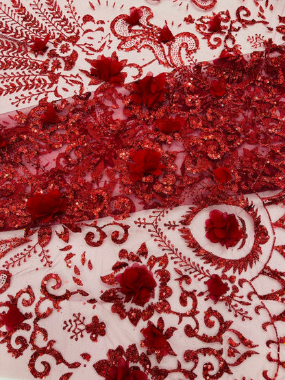 Floral 3D Palm Damask with Glitter in a Mesh Lace| New Creations Fabric & Foam Inc.