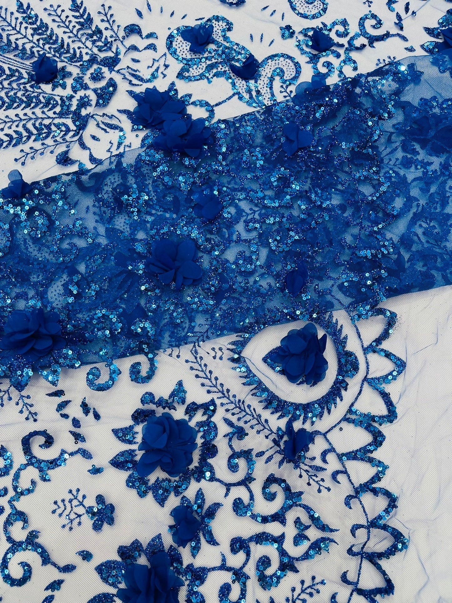 Floral 3D Palm Damask with Glitter in a Mesh Lace| New Creations Fabric & Foam Inc.