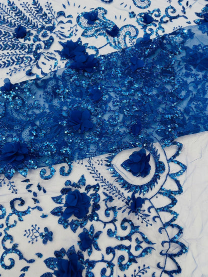 Floral 3D Palm Damask with Glitter in a Mesh Lace| New Creations Fabric & Foam Inc.