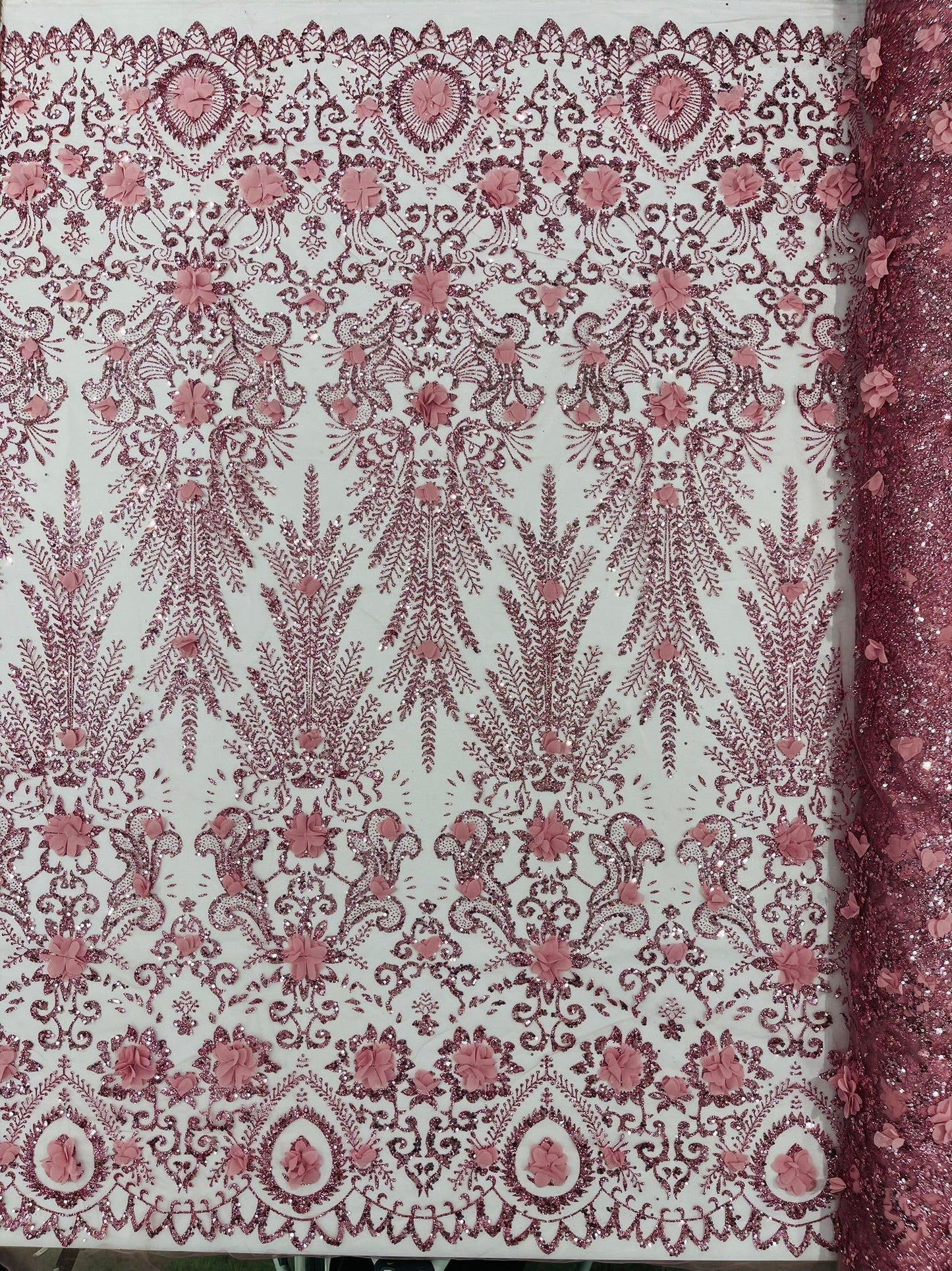 Floral 3D Palm Damask with Glitter in a Mesh Lace| New Creations Fabric & Foam Inc.