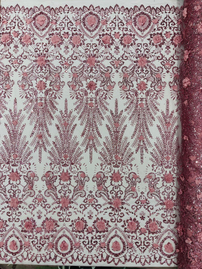 Floral 3D Palm Damask with Glitter in a Mesh Lace| New Creations Fabric & Foam Inc.