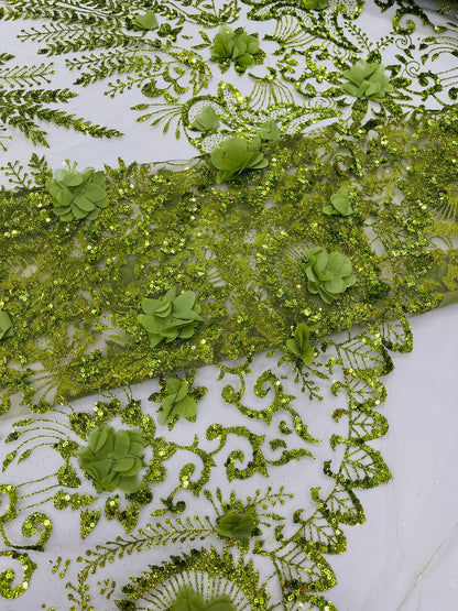 Floral 3D Palm Damask with Glitter in a Mesh Lace| New Creations Fabric & Foam Inc.