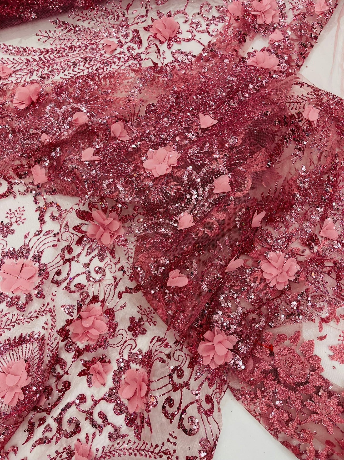Floral 3D Palm Damask with Glitter in a Mesh Lace| New Creations Fabric & Foam Inc.
