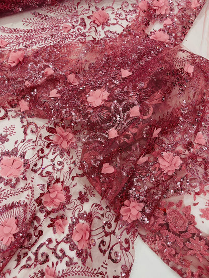 Floral 3D Palm Damask with Glitter in a Mesh Lace| New Creations Fabric & Foam Inc.