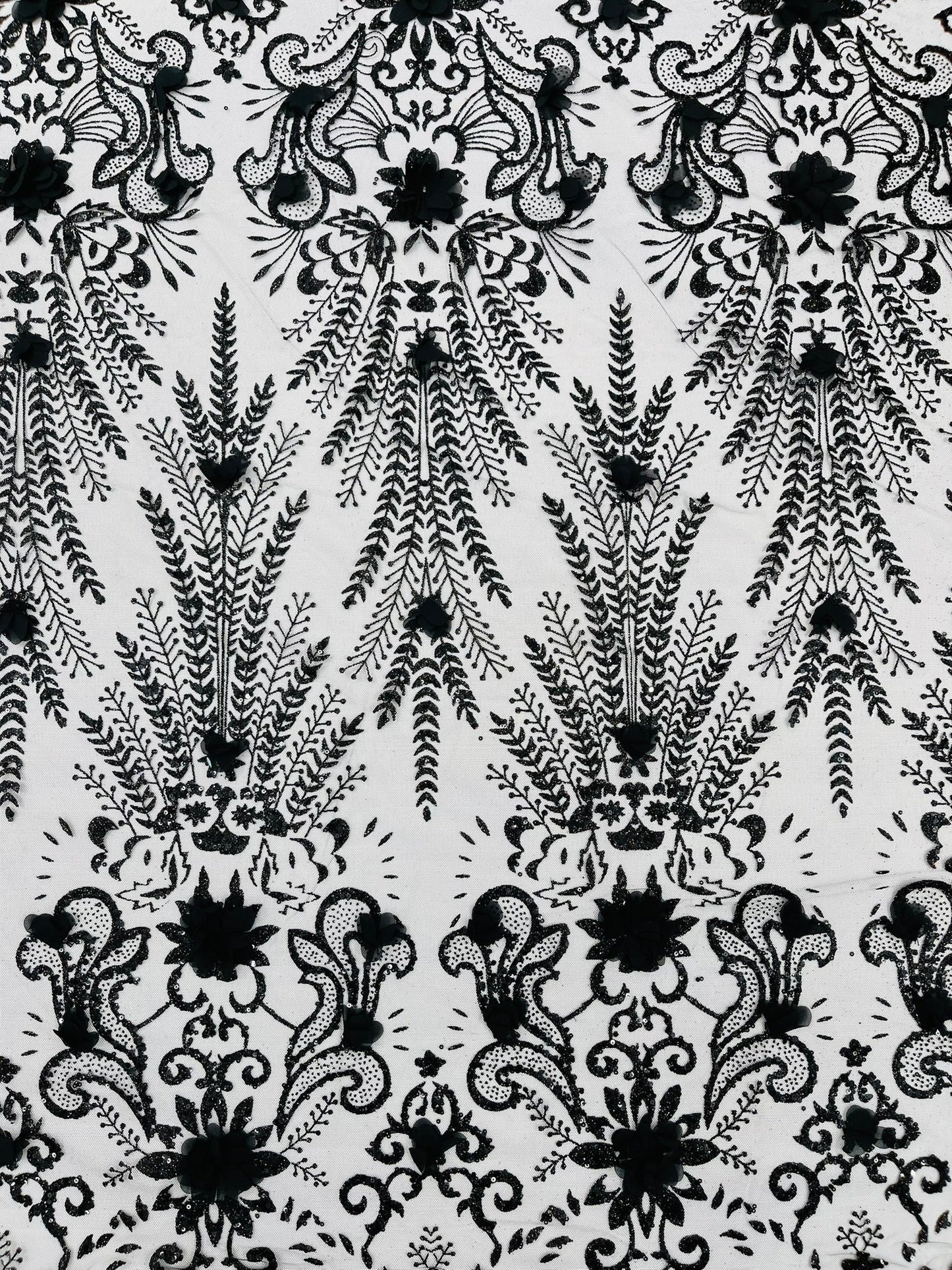 Floral 3D Palm Damask with Glitter in a Mesh Lace| New Creations Fabric & Foam Inc.