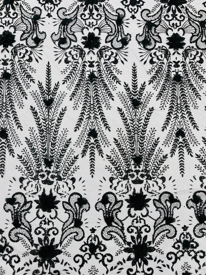 Floral 3D Palm Damask with Glitter in a Mesh Lace| New Creations Fabric & Foam Inc.