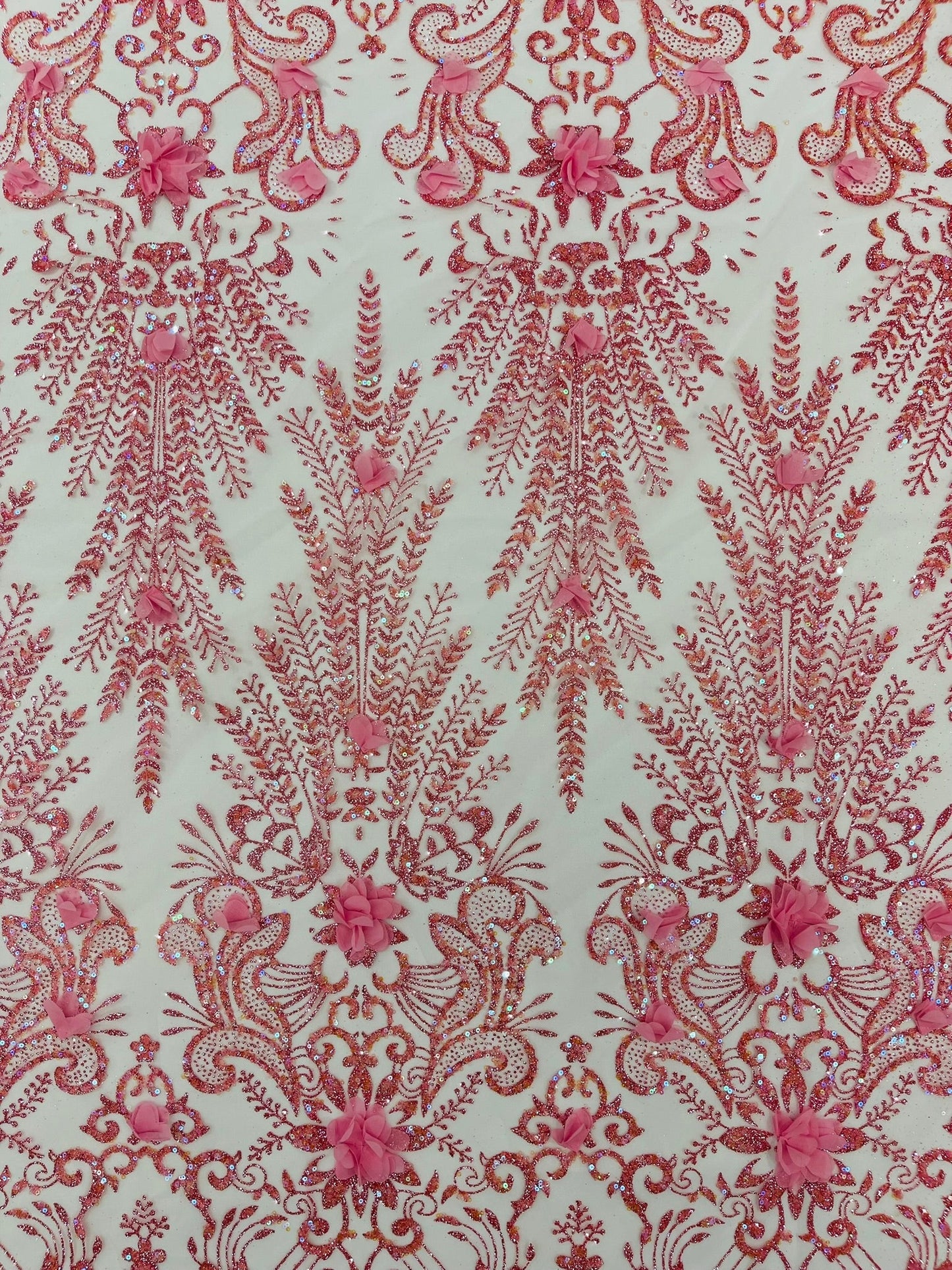 Floral 3D Palm Damask with Glitter in a Mesh Lace| New Creations Fabric & Foam Inc.
