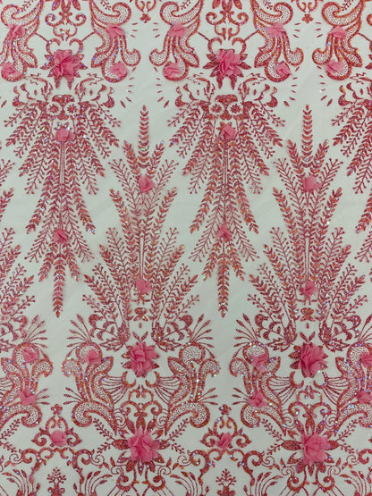 Floral 3D Palm Damask with Glitter in a Mesh Lace| New Creations Fabric & Foam Inc.