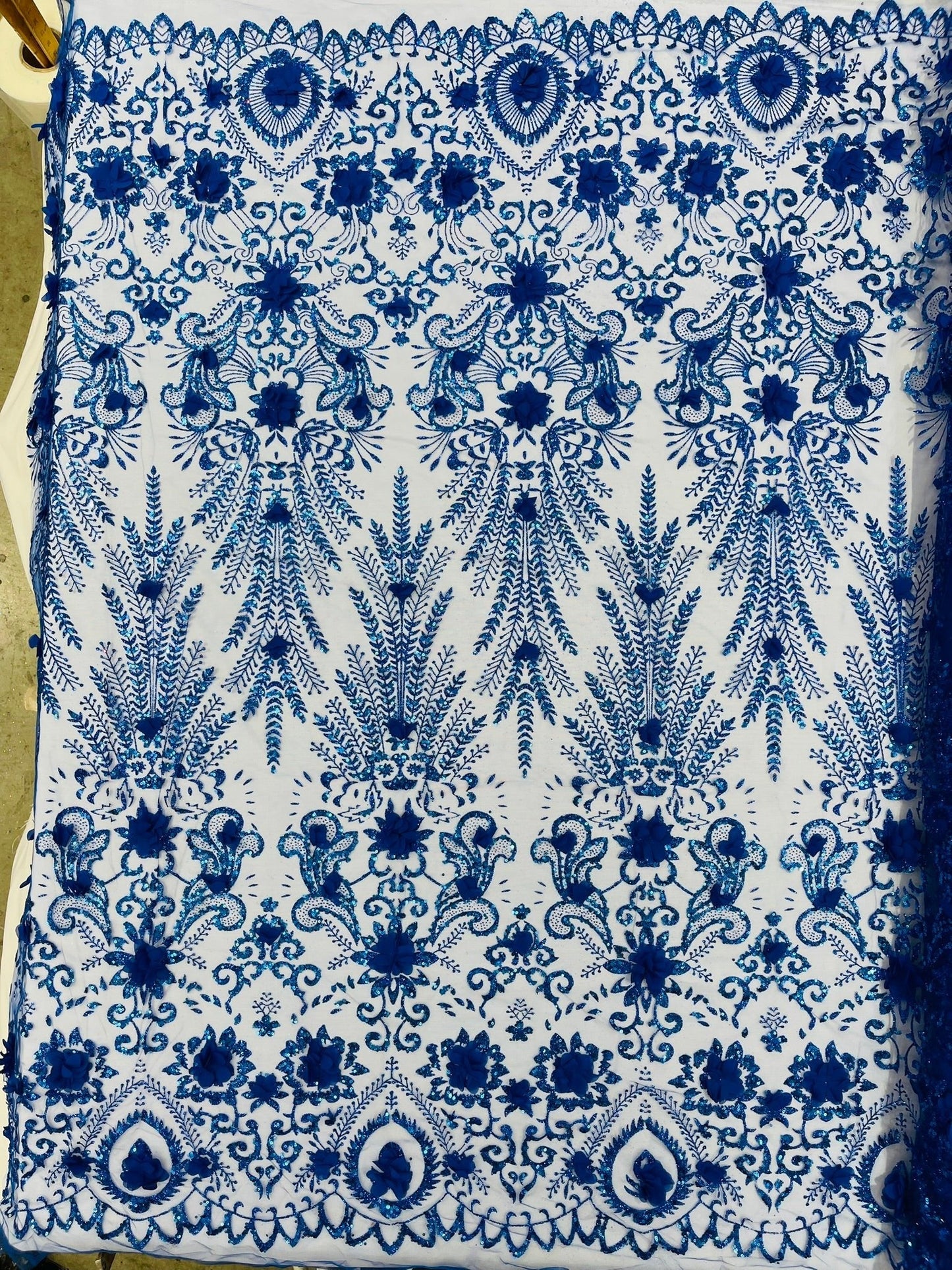 Floral 3D Palm Damask with Glitter in a Mesh Lace| New Creations Fabric & Foam Inc.