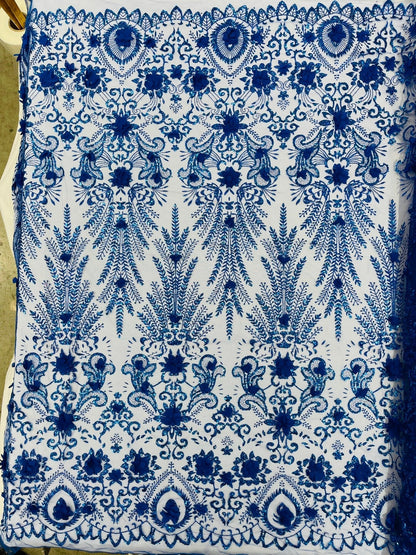 Floral 3D Palm Damask with Glitter in a Mesh Lace| New Creations Fabric & Foam Inc.