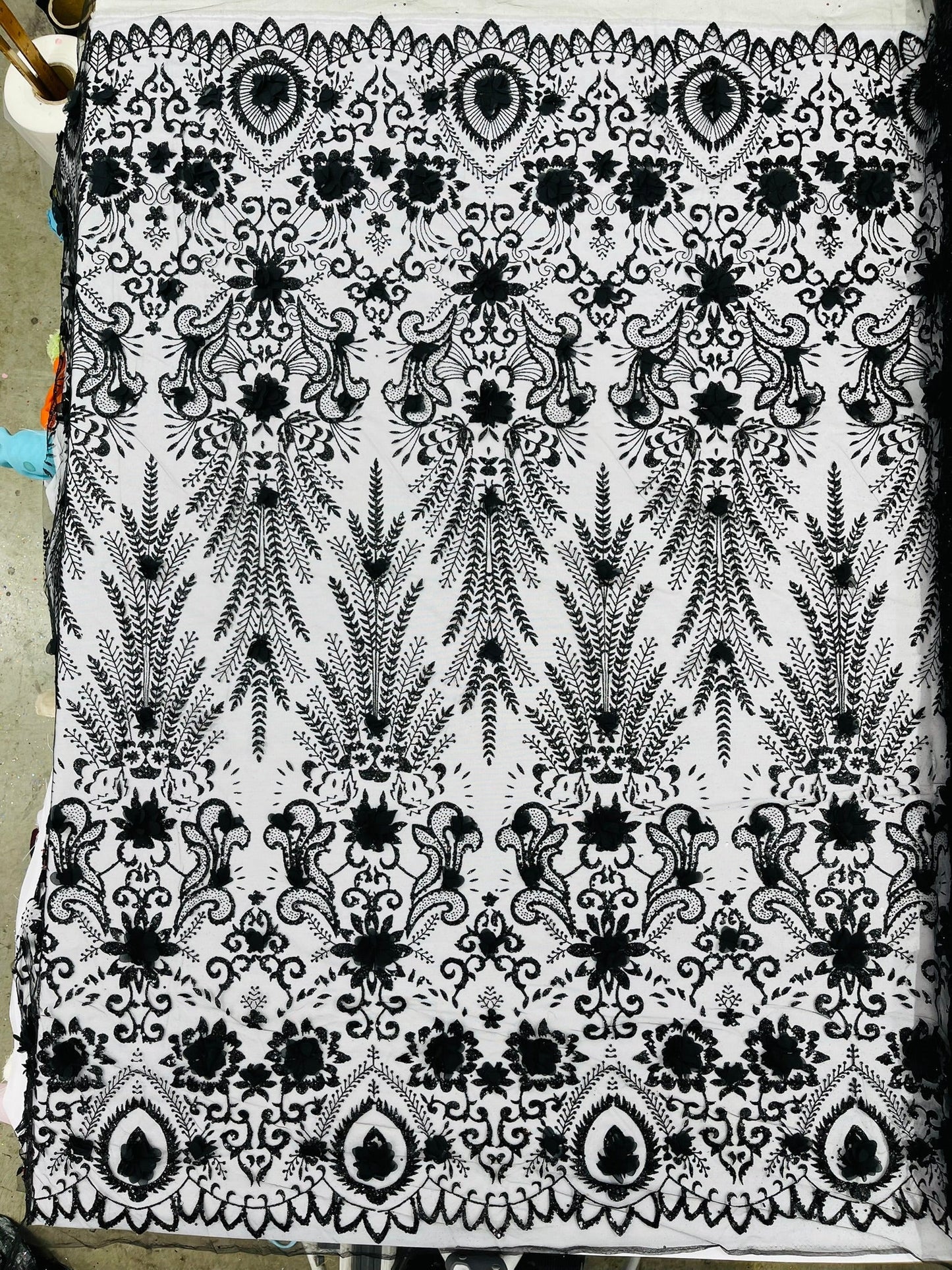 Floral 3D Palm Damask with Glitter in a Mesh Lace| New Creations Fabric & Foam Inc.