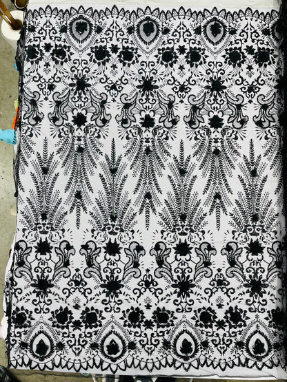 Floral 3D Palm Damask with Glitter in a Mesh Lace| New Creations Fabric & Foam Inc.