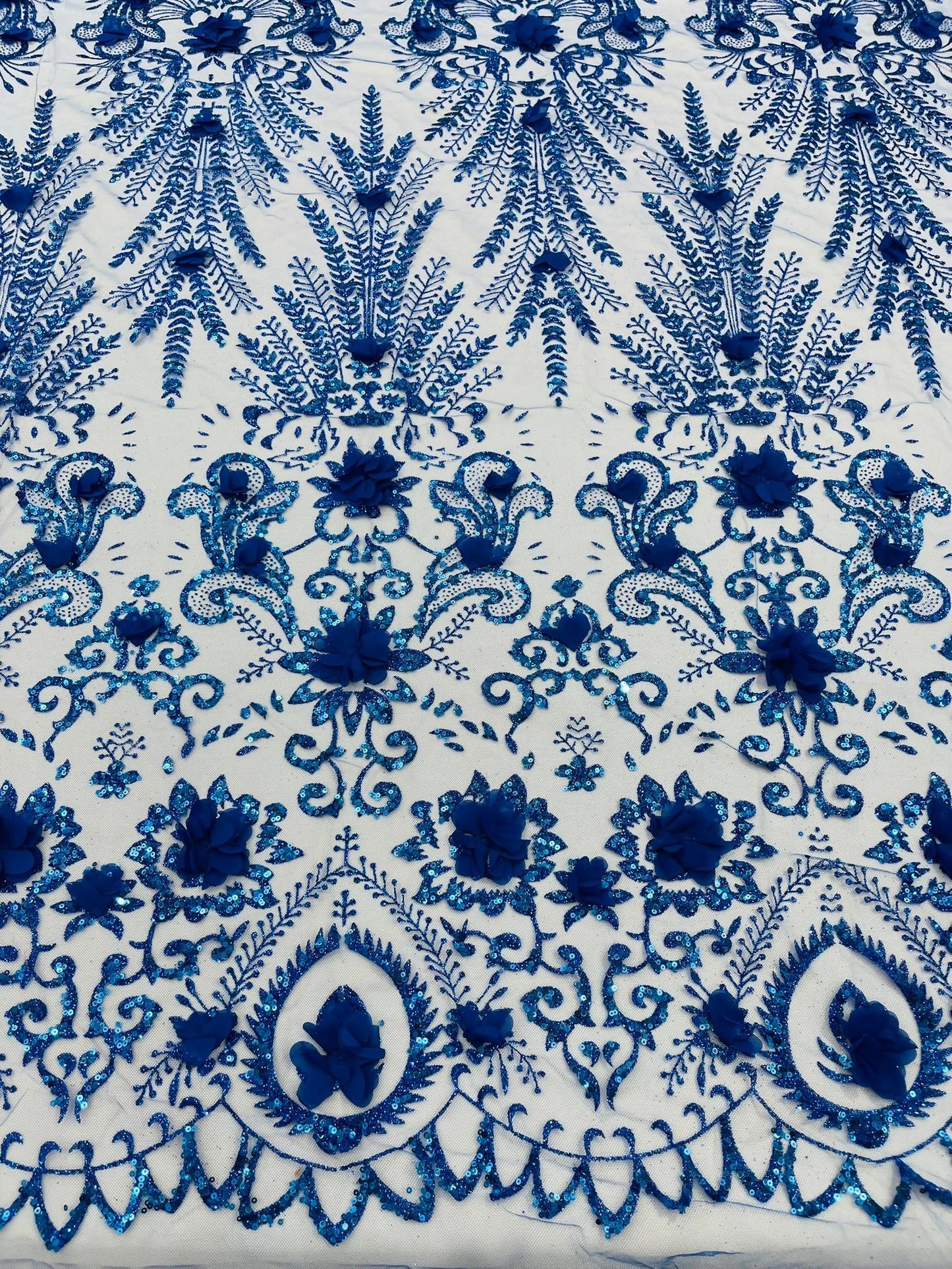 Floral 3D Palm Damask with Glitter in a Mesh Lace| New Creations Fabric & Foam Inc.