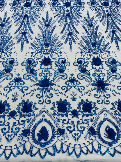 Floral 3D Palm Damask with Glitter in a Mesh Lace| New Creations Fabric & Foam Inc.