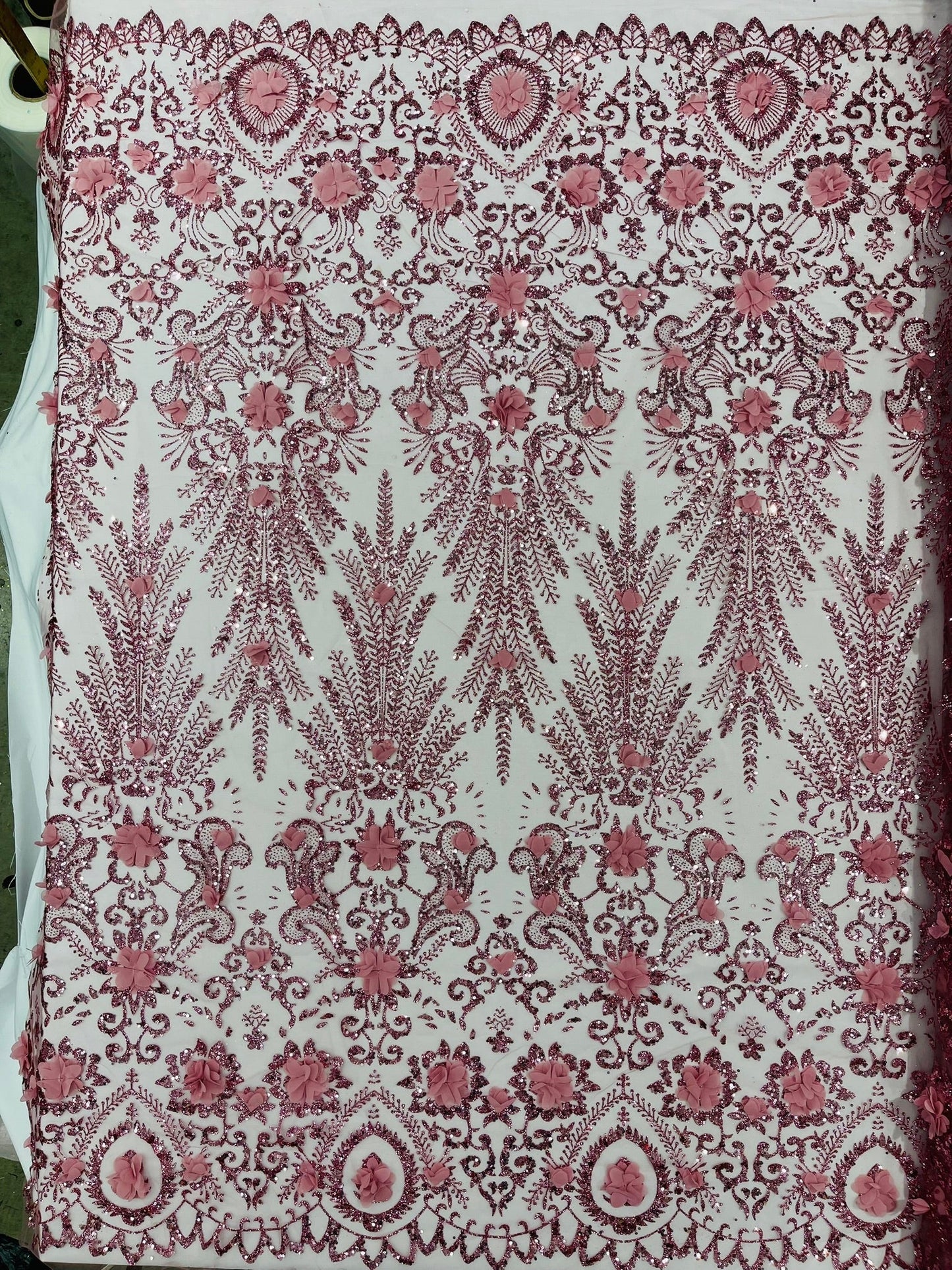 Floral 3D Palm Damask with Glitter in a Mesh Lace| New Creations Fabric & Foam Inc.