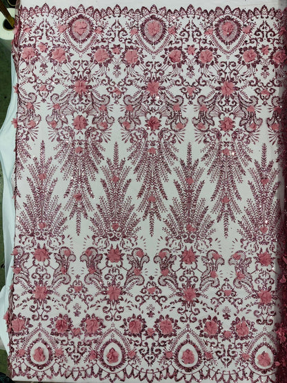 Floral 3D Palm Damask with Glitter in a Mesh Lace| New Creations Fabric & Foam Inc.