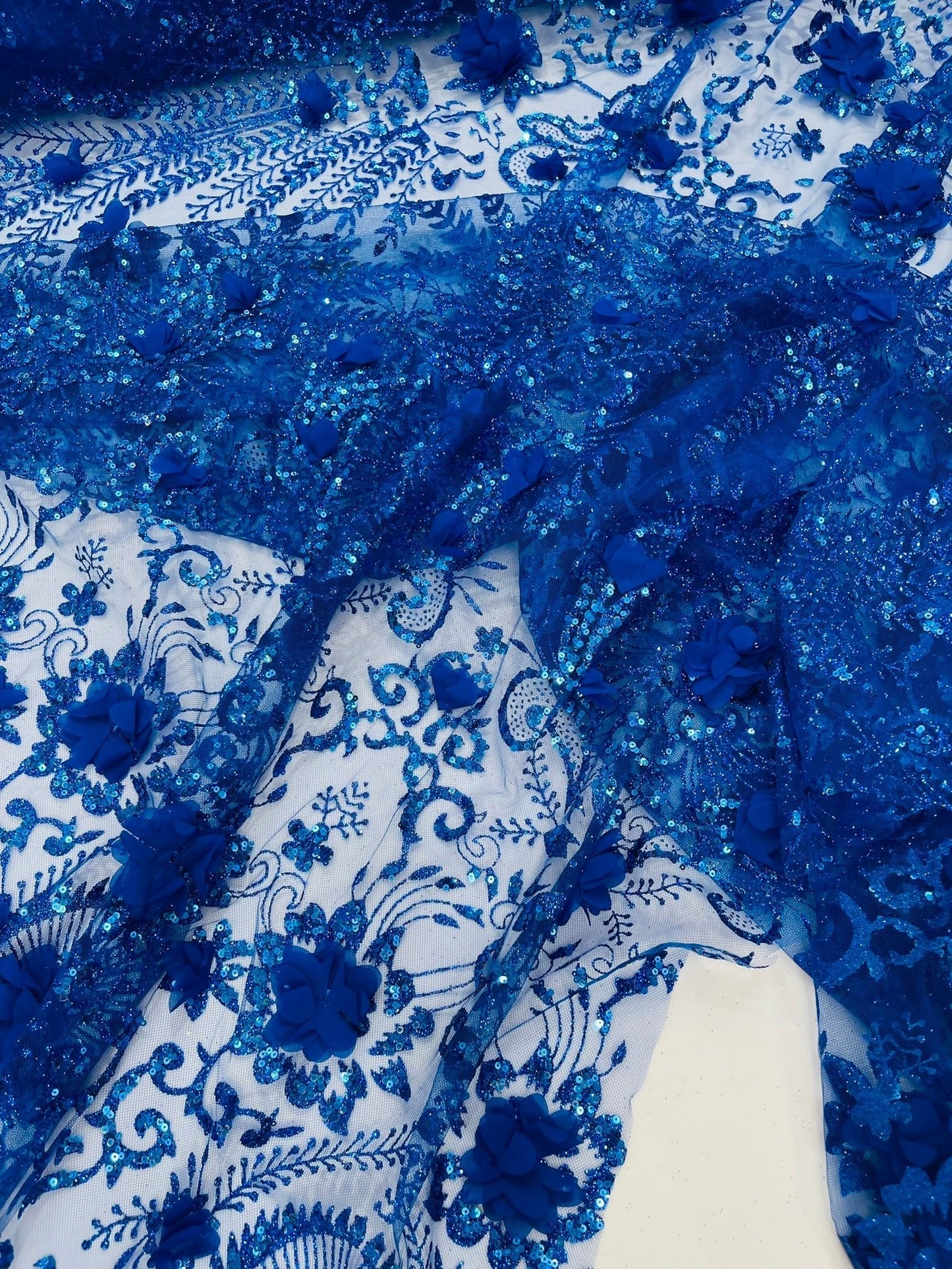 Floral 3D Palm Damask with Glitter in a Mesh Lace| New Creations Fabric & Foam Inc.