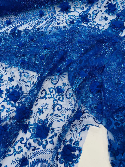 Floral 3D Palm Damask with Glitter in a Mesh Lace| New Creations Fabric & Foam Inc.