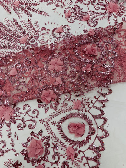 Floral 3D Palm Damask with Glitter in a Mesh Lace| New Creations Fabric & Foam Inc.