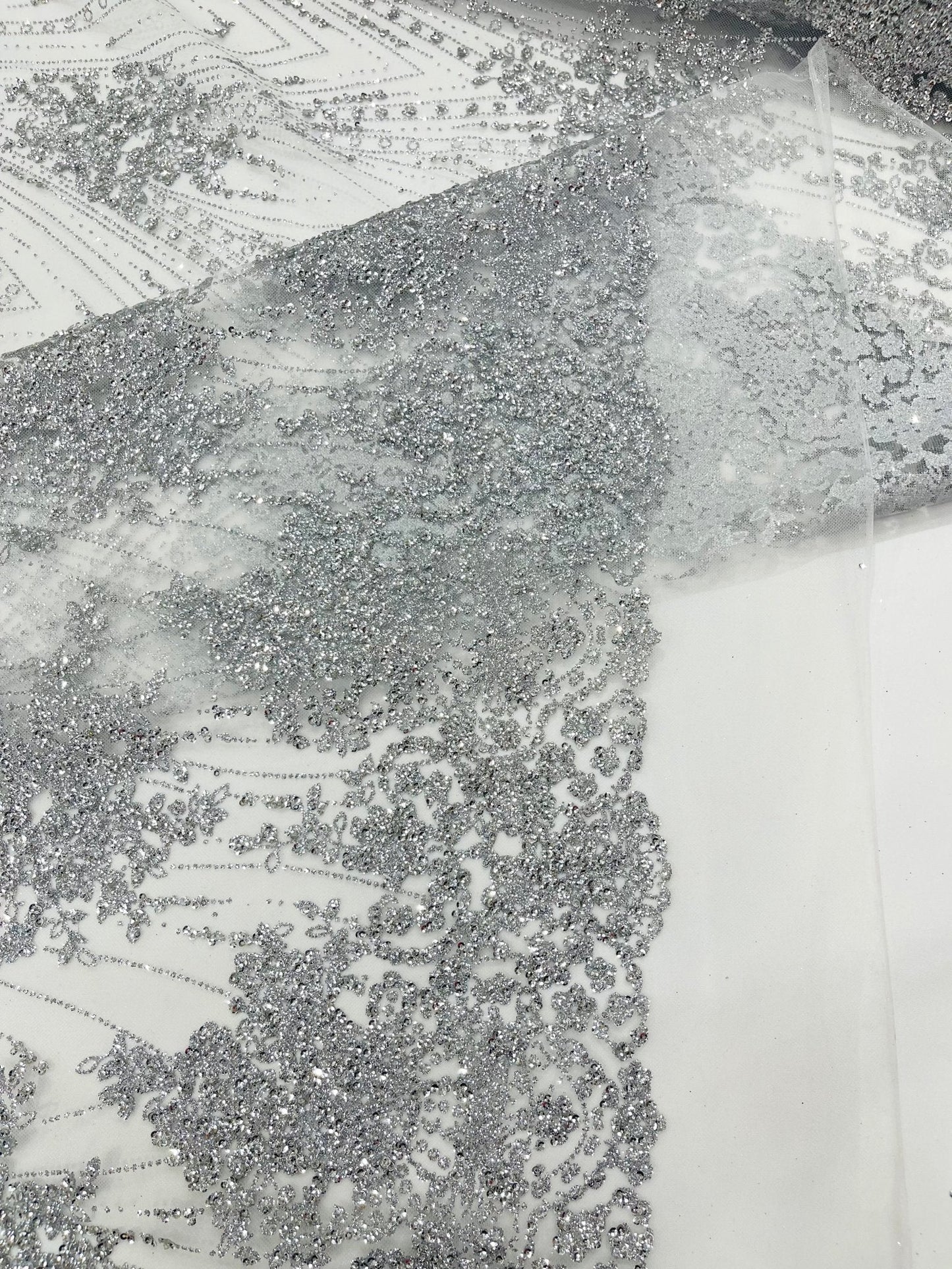 Geometric Damask Glitter Design On A Mesh Lace 54” Wide| New Creations Fabric & Foam Inc.