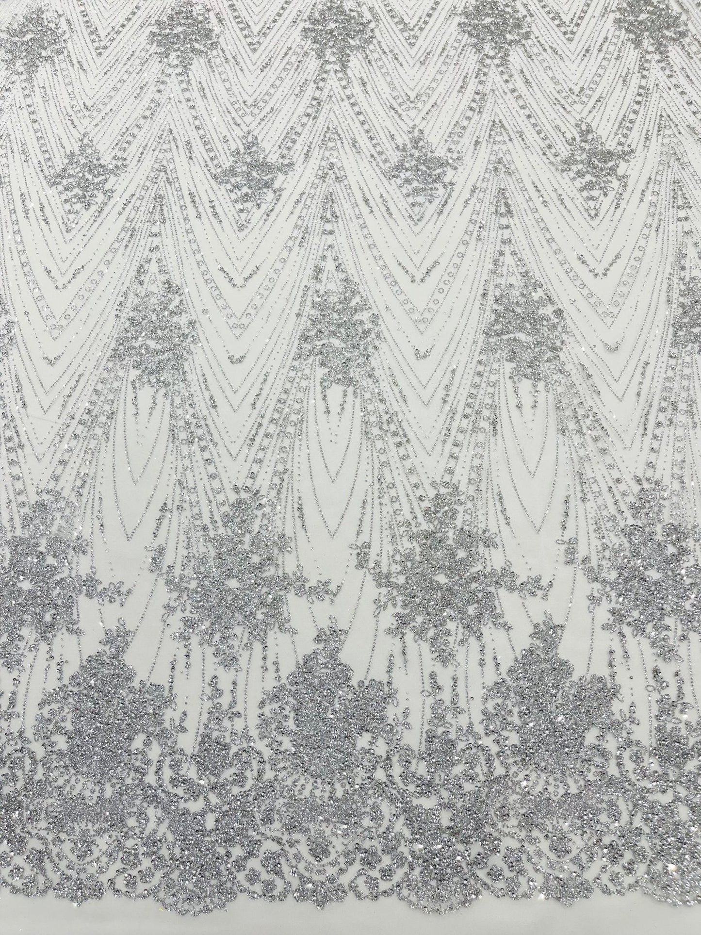 Geometric Damask Glitter Design On A Mesh Lace 54” Wide| New Creations Fabric & Foam Inc.