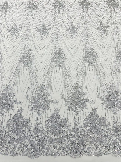 Geometric Damask Glitter Design On A Mesh Lace 54” Wide| New Creations Fabric & Foam Inc.