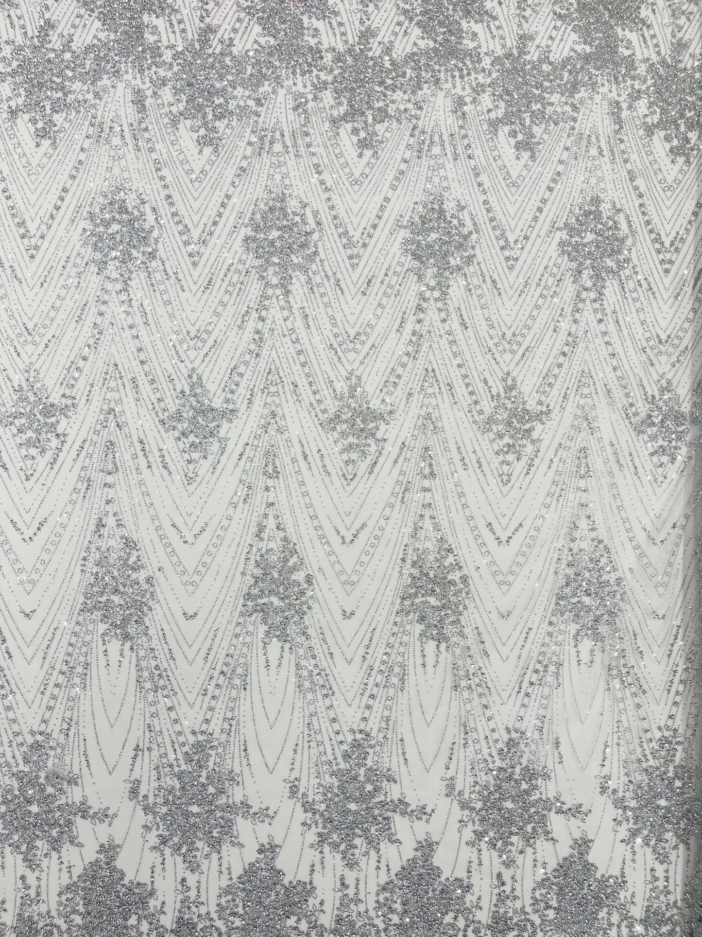 Geometric Damask Glitter Design On A Mesh Lace 54” Wide| New Creations Fabric & Foam Inc.