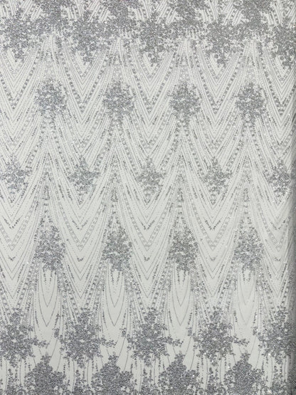 Geometric Damask Glitter Design On A Mesh Lace 54” Wide| New Creations Fabric & Foam Inc.