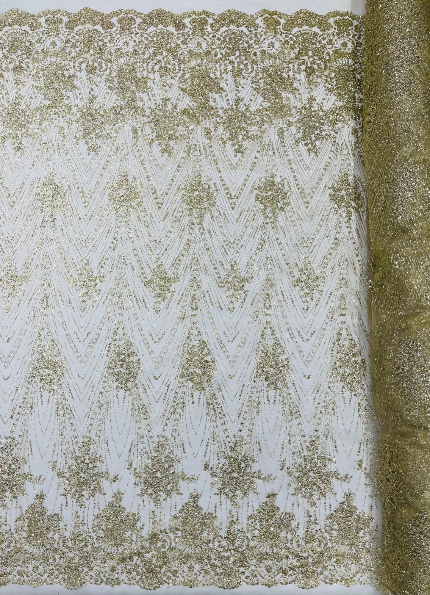 Geometric Damask Glitter Design On A Mesh Lace 54” Wide| New Creations Fabric & Foam Inc.